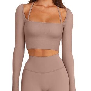 Halter Womens Sexy Square Neck Crop Top Ribbed Seamless Long Sleeve NEW w/ Tag